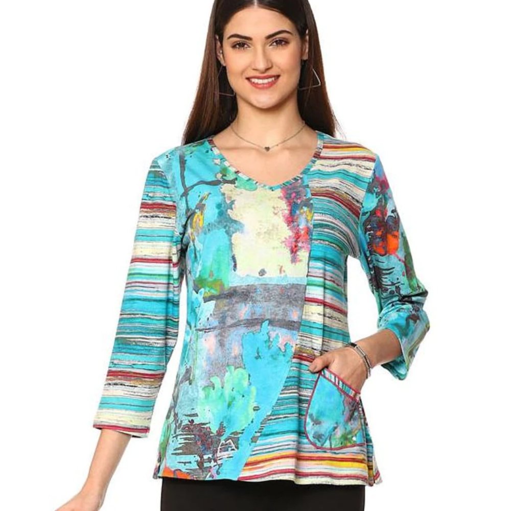 Parsley & Sage Size Small Top Blue Yellow Vibrant Abstract Print Artsy V Neck